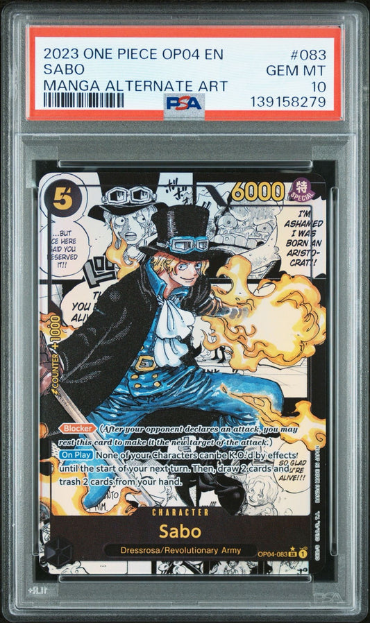 2023 ONE PIECE OP04-KINGDOMS OF INTRIGUE #083 SABO MANGA ALTERNATE ART (PSA 10)